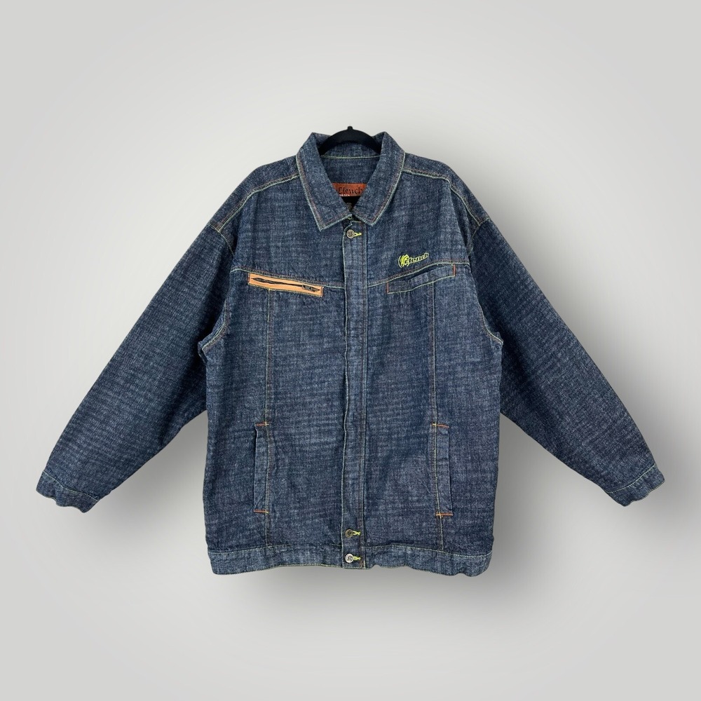 Clench‎ Jean Jacket Mens 2XL Linen Blend Y2K Denim Full Zip Embroidered Full Zip